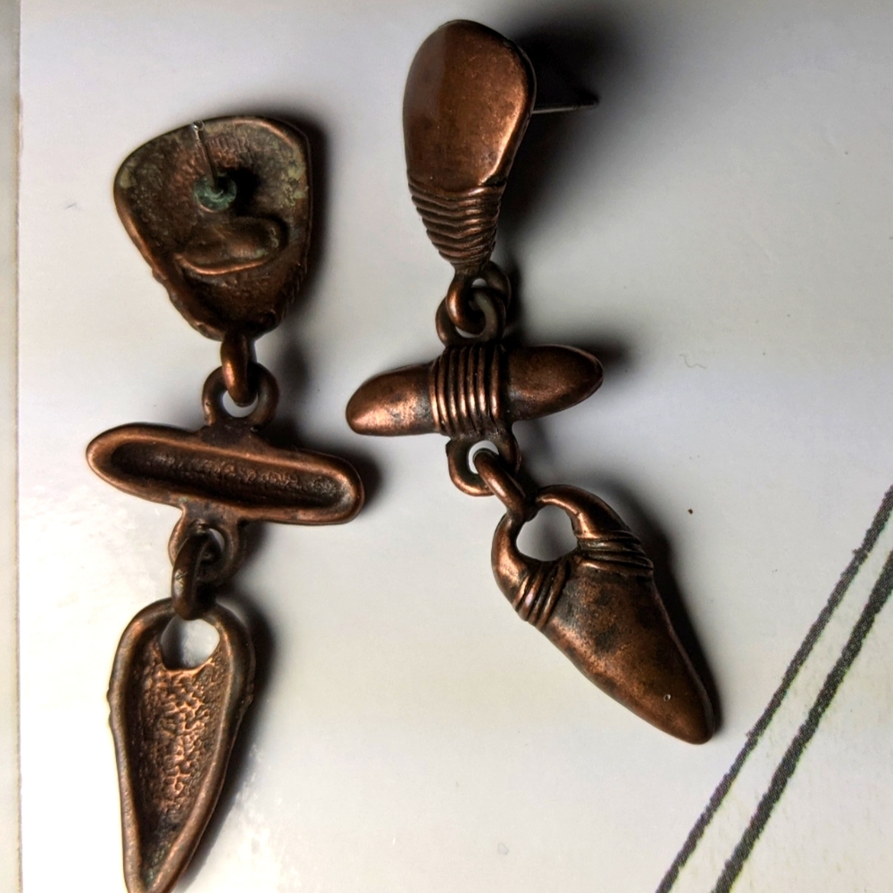 Vintage Copper tone metal Post Earrings Antique look Primitive Rustic Dangle